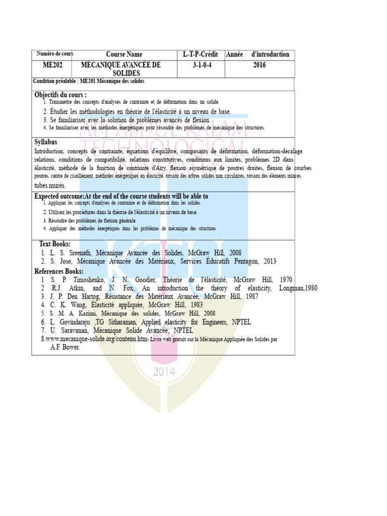 ME 202 Mécanique Avancée Des Solides PDF | PDF | Flexion (matériau ...