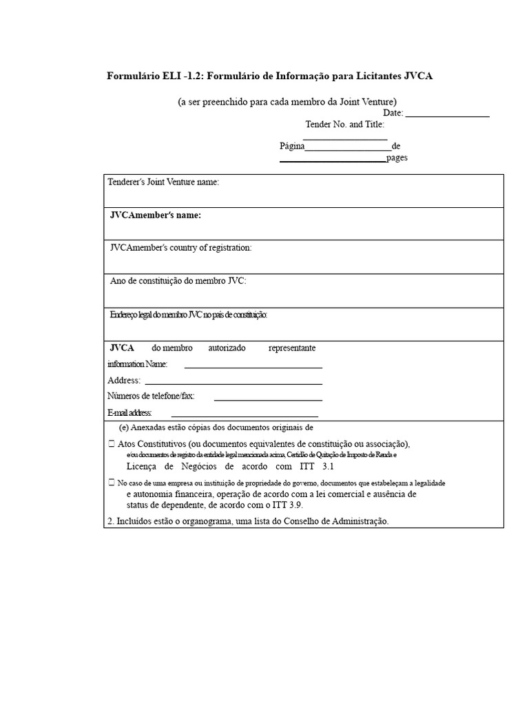 Formulário ELI -1.2 para Licitantes JVCA | PDF
