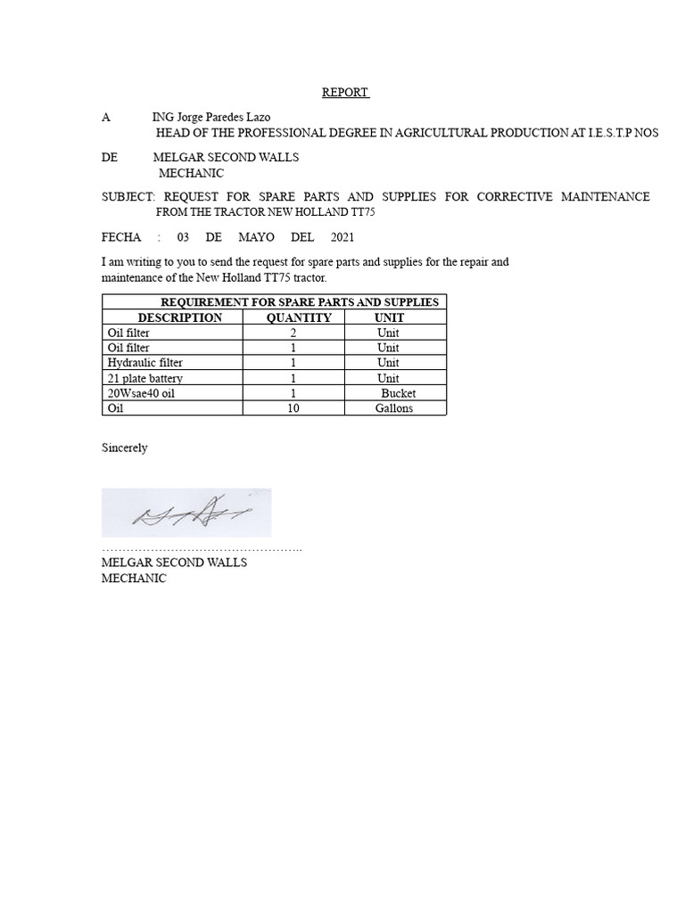 Spare Parts Request for New Holland TT75 | PDF