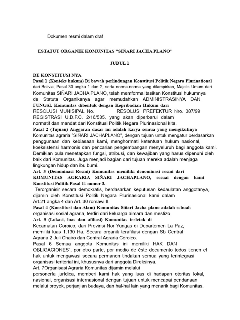 Statuta Organik Komunitas Siñari 2021 | PDF