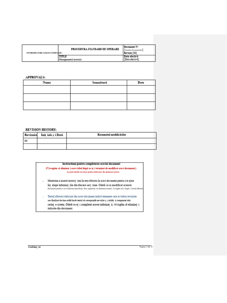 Exemplu de Procedură Standard de Operare Pentru Managementul Instruirii ...