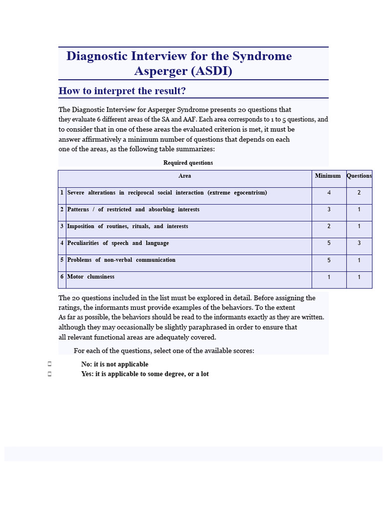 Diagnostic Interview for Asperger Syndrome | PDF | Asperger Syndrome ...
