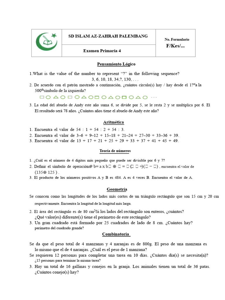 Ejercicios de Matemáticas para Primaria 4 | PDF | Rectángulo | Combinatoria