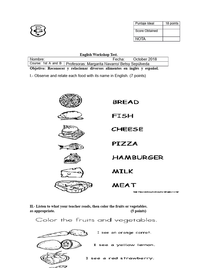 English Workshop Food Test Score Guide | PDF