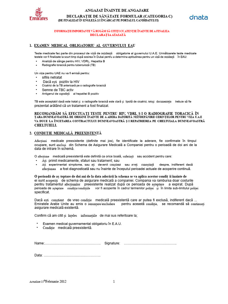 Emirate Formular Examinare Medicală Preangajare PDF | PDF