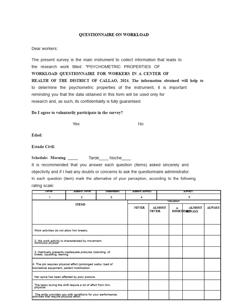 Workload Questionnaire for Health Workers | PDF | Questionnaire ...
