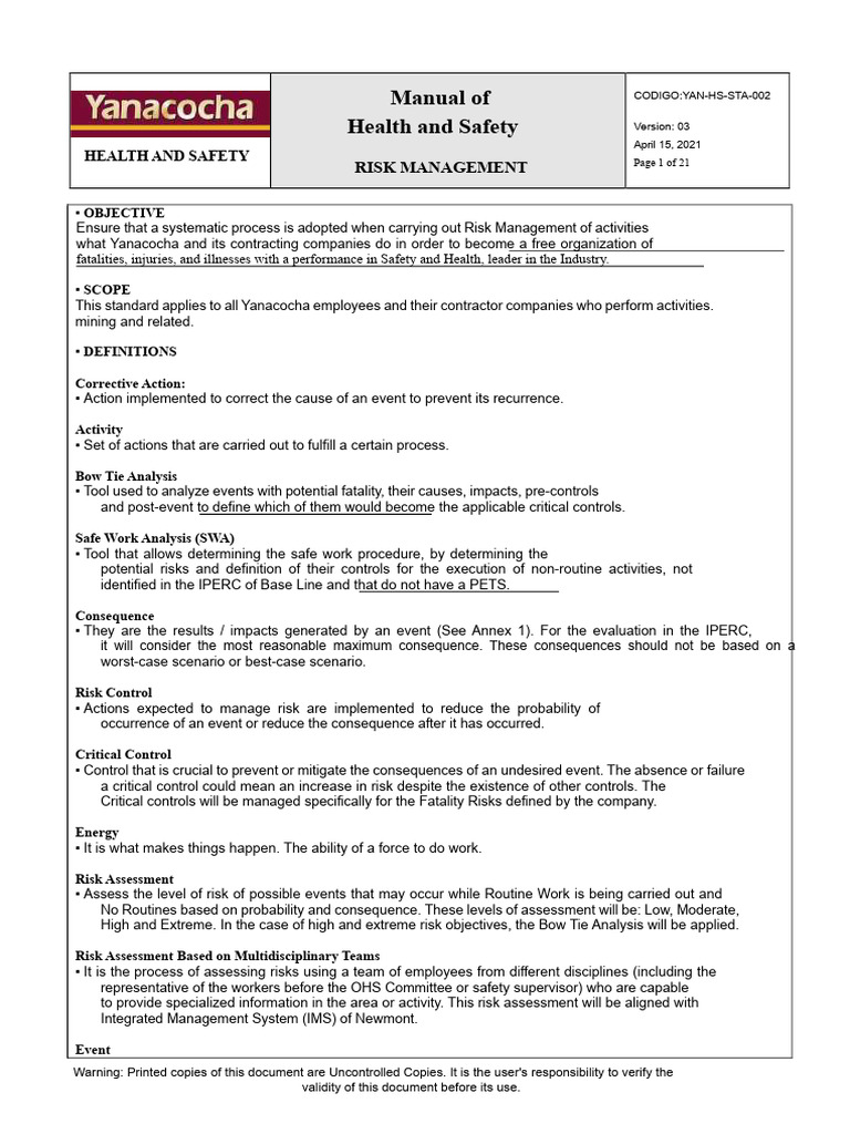 Yanacocha Health and Safety Manual | PDF | Risk | Occupational Safety ...