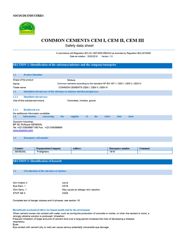 Sococim Common Cements Safety Data Sheet | PDF | Cement | Dangerous Goods