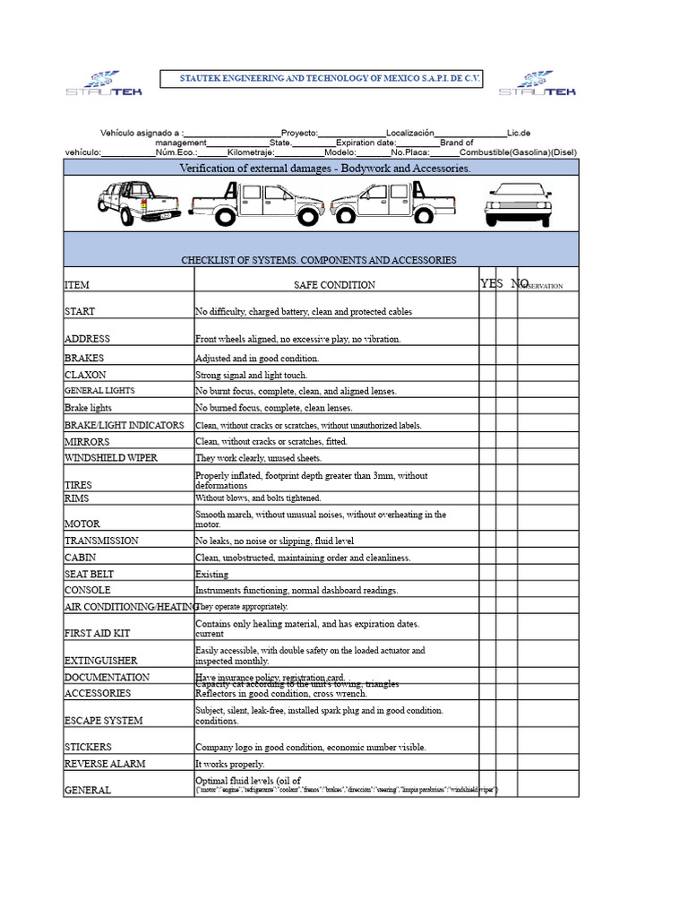 Vehicle Maintenance Checklist Template | PDF | Vehicles | Tire