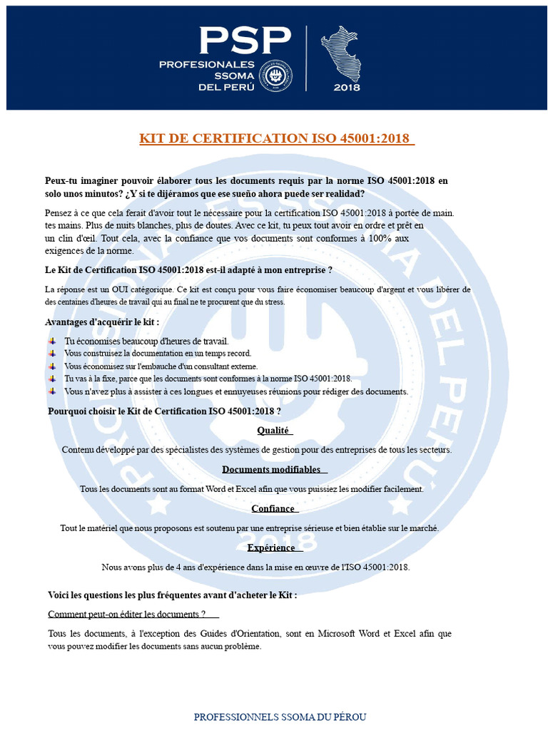 Kit de Certification ISO 45001:2018 | PDF | Microsoft Word | Sécurité ...