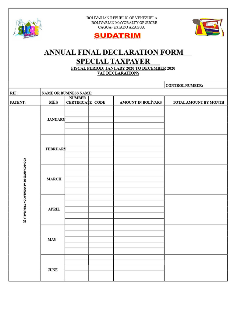 Annual Final Declaration Form Special Taxpayer: Fiscal Period: January ...