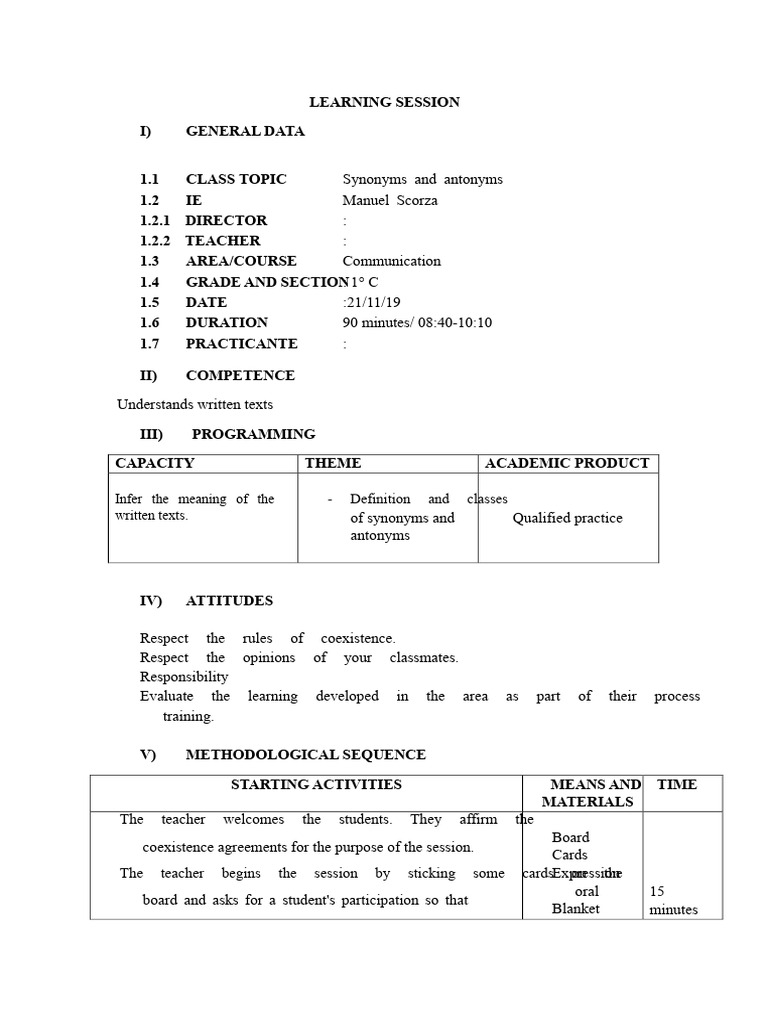 Learning Session On Synonyms and Antonyms | PDF | Word | Grammar
