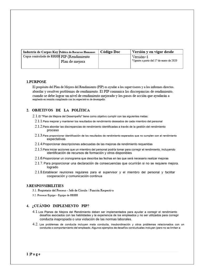 Política y Proceso de PIP - Plantilla | PDF | Comportamiento | Gestión ...