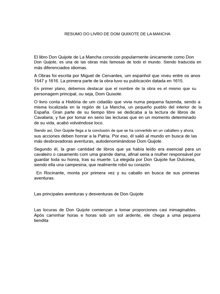 Resumen Del Libro de Don Quijote de La Mancha | PDF