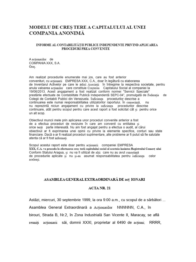 Model de Creștere A Capitalului Pentru o Companie Anonimă | PDF