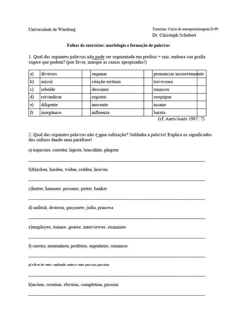 Folha de Exercícios em Morfologia | PDF | Sintaxe | Linguística