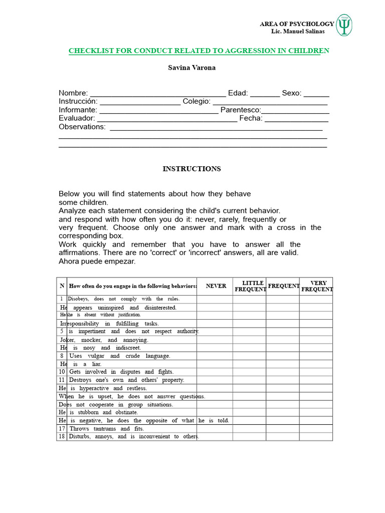 Aggression Checklist for Children | PDF