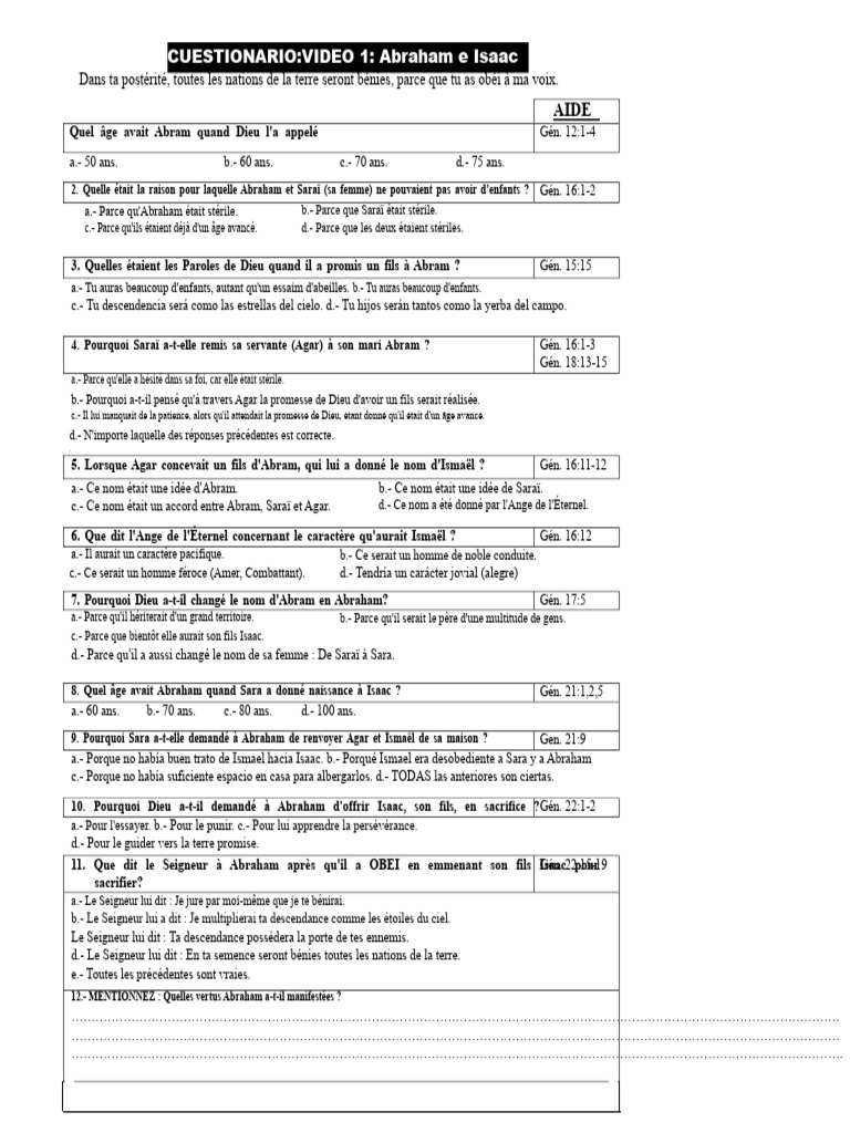 Questionnaire sur Abraham et Isaac | PDF | Abraham | Ismaël