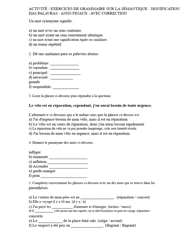 Exercices de sémantique corrigés | PDF