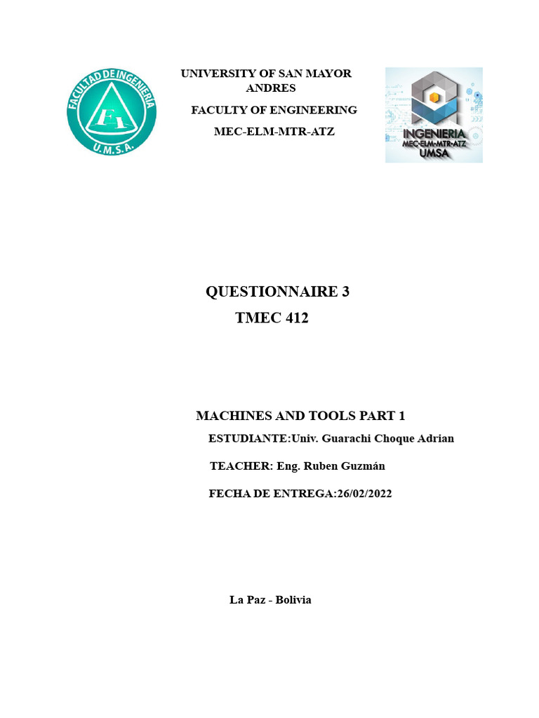 QUESTIONNAIRE Machines and Tools P1 | PDF | Machine Tool | Machines