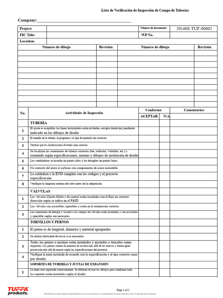 Inspección de Tuberías: Checklist Completo | PDF | Tornillo ...
