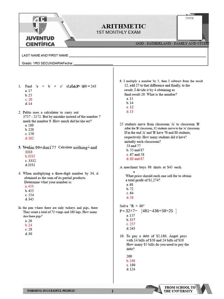 1st Month Arithmetic Exam Guide | PDF | Multiplication | Arithmetic