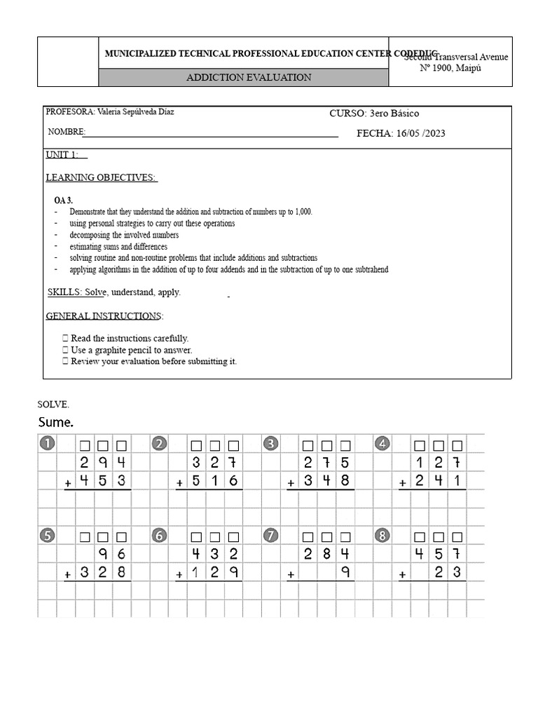 Math Test Unit 1 Addition | PDF