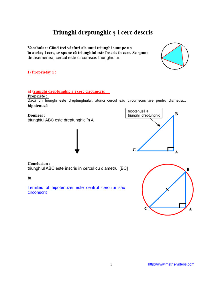 Triunghi Dreptunghic Și Cerc Circumscris (Clasa A 4-A) | PDF