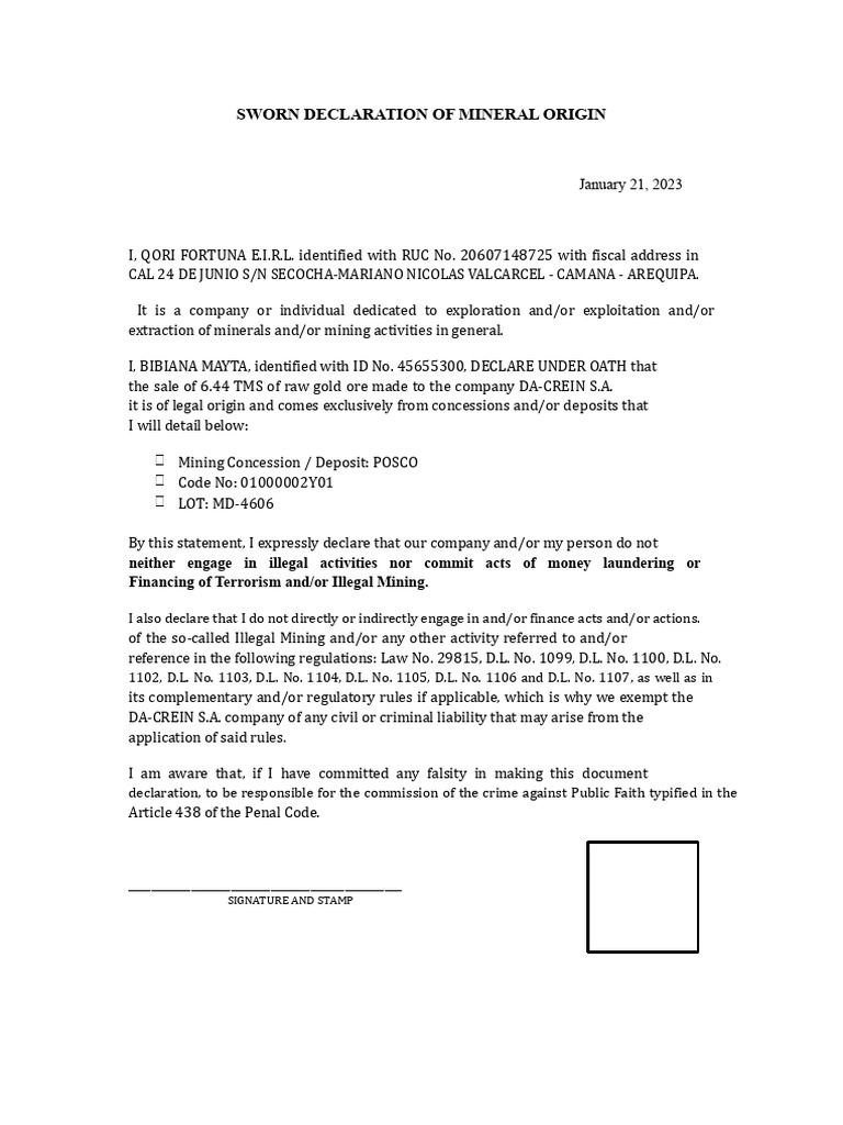 Sworn Declaration of Mineral Origin | PDF | Mining | Crimes