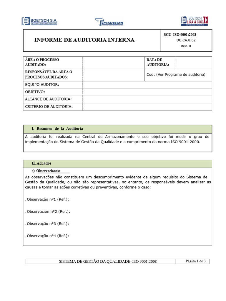 Informe de Auditoria Interna ISO 9001 | PDF | Gestão de qualidade ...