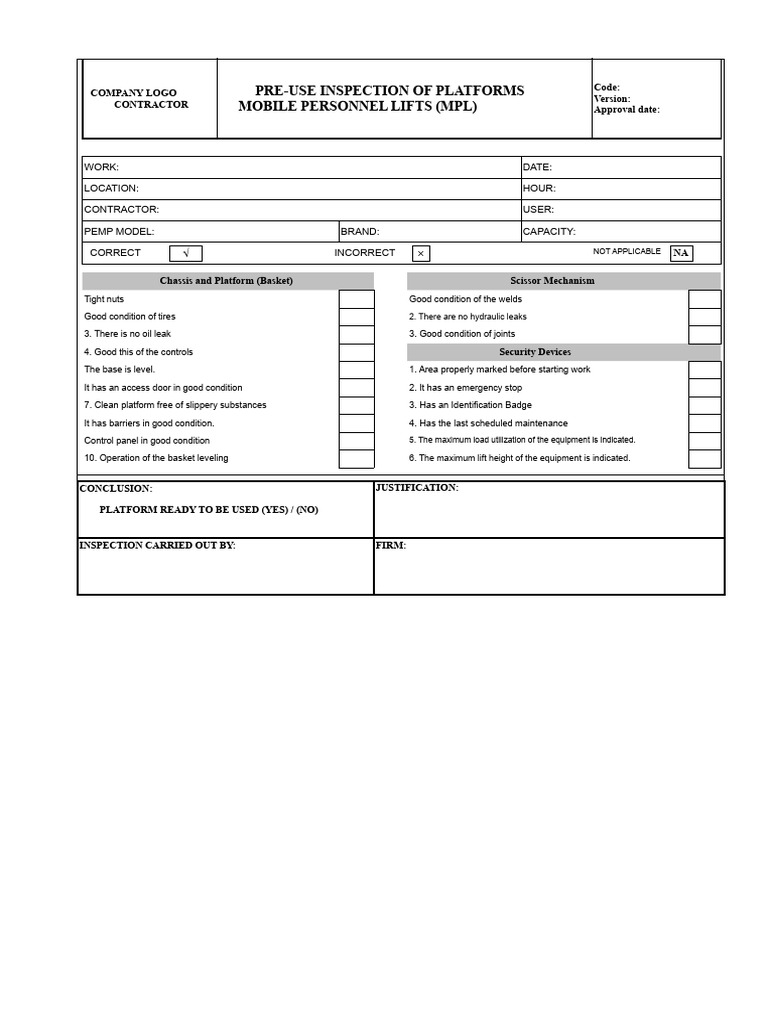 Mobile Personnel Lift Pre-Use Inspection Checklist | PDF