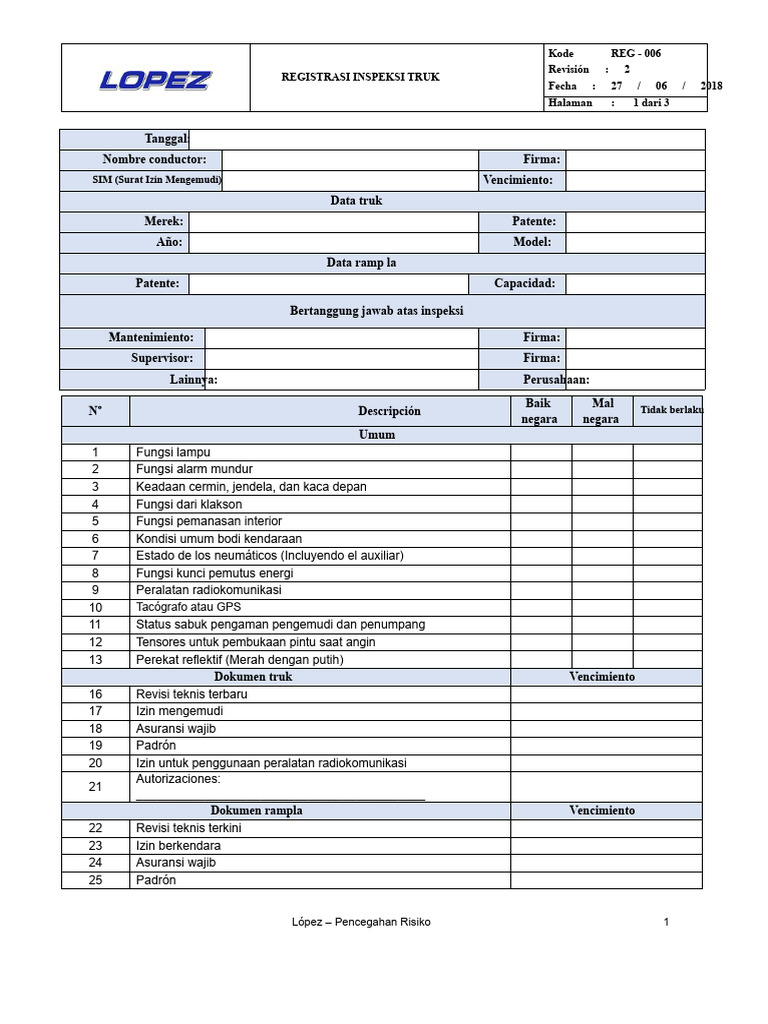 006 Fo Reg - 006-04-17 Registrasi Inspeksi Truk Dan Rampla | PDF
