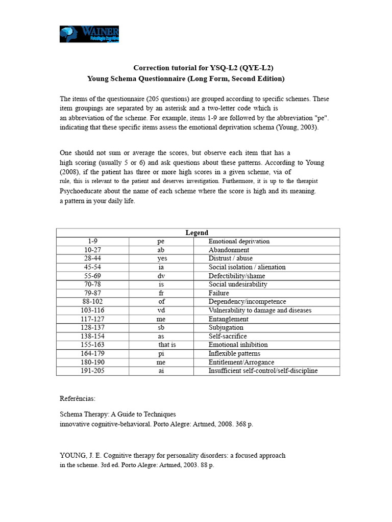 YSQ-L2 Correction Tutorial Guide | PDF | Schema (Psychology ...