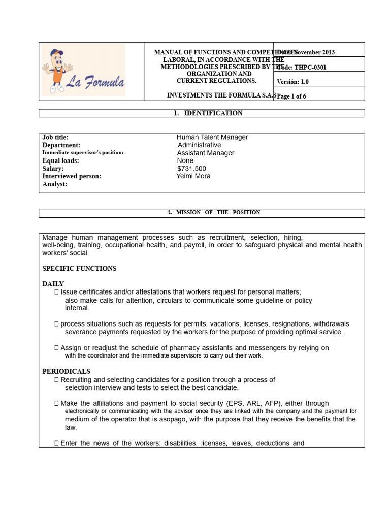 Human Talent Manager Job Manual | PDF | Occupational Safety And Health ...