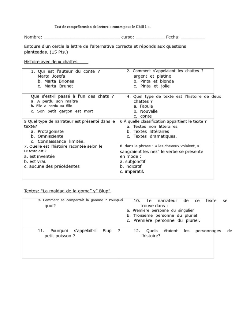 Test de lecture : contes pour le Chili 1 | PDF | Linguistique