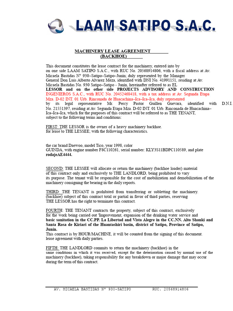 Backhoe Machinery Lease Agreement | PDF | Lease | Leasehold Estate