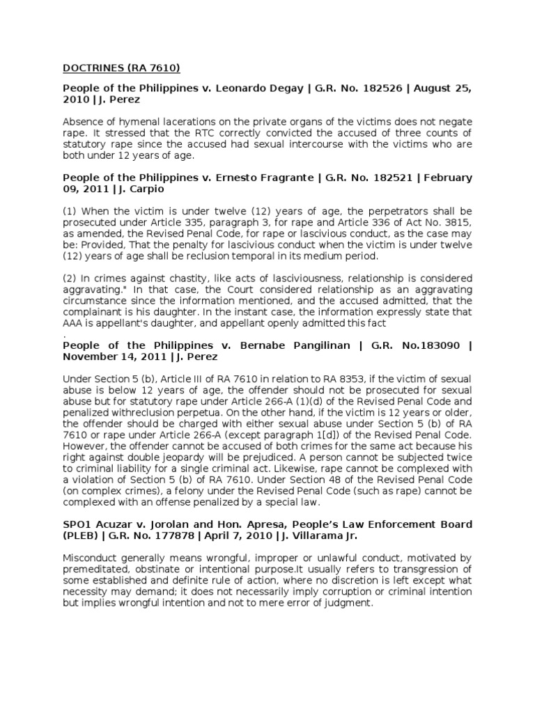 RA 7610 Doctrines | Rape | Crime & Violence