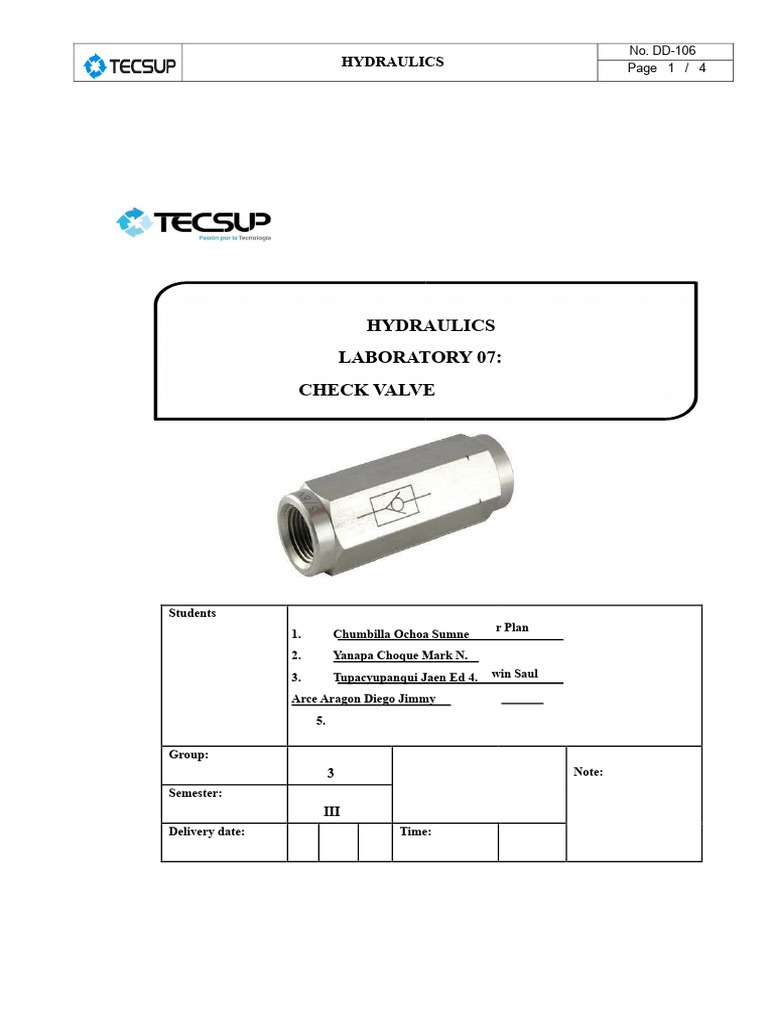 Laboratory 7 Hydraulics Check Valves PDF | PDF | Valve | Fluid Mechanics