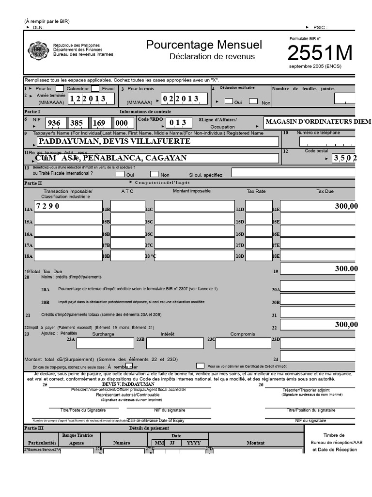 Déclaration de revenus BIR 2551M Philippines | PDF | Impôts | Impôt sur ...