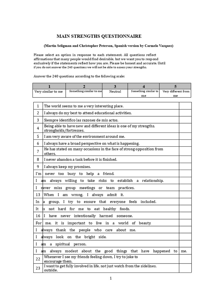 Main Strengths Assessment Questionnaire | PDF | Courage | Knowledge
