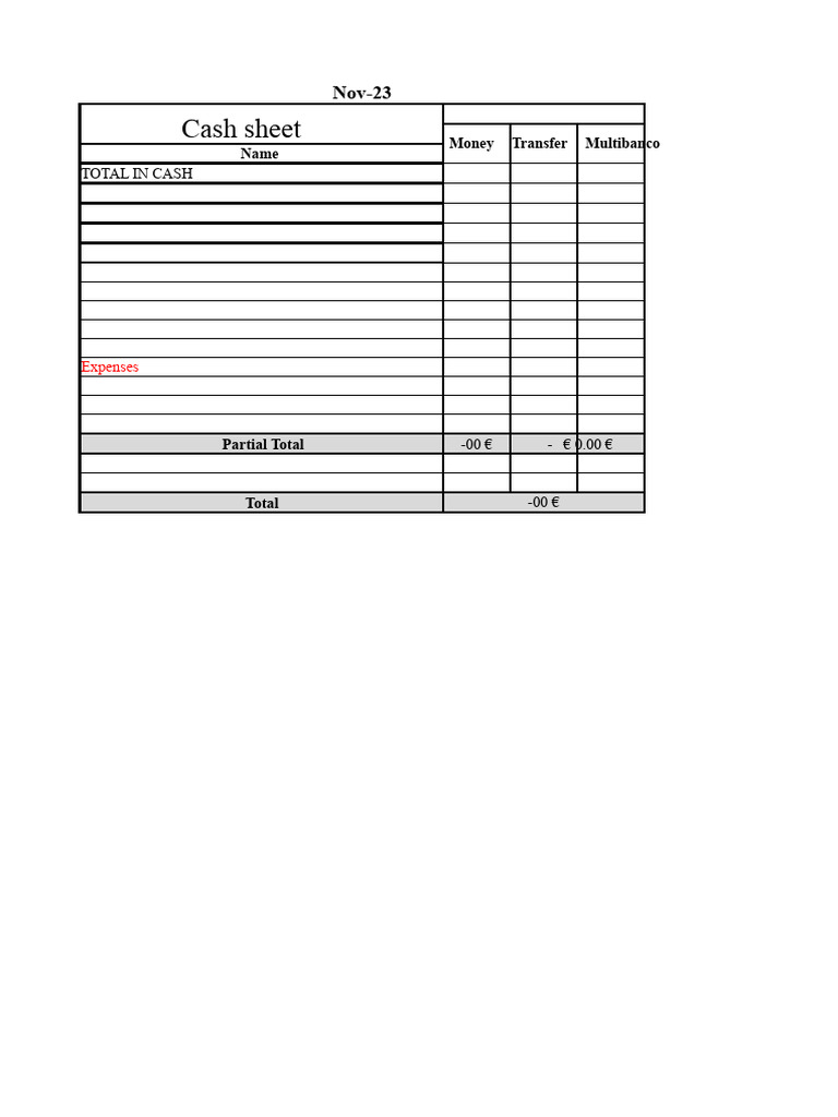 Monthly Cash Sheet Overview 2023-2024 | PDF