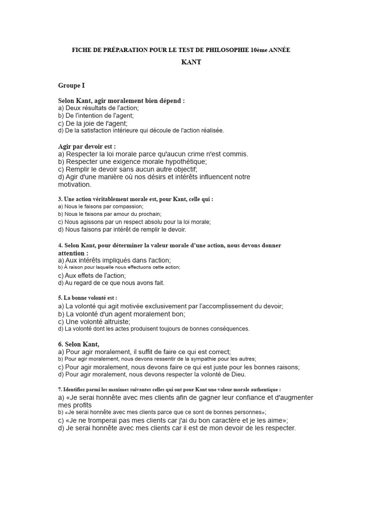 Préparation au Test de Philosophie Kant | PDF | Moralité | Emmanuel Kant