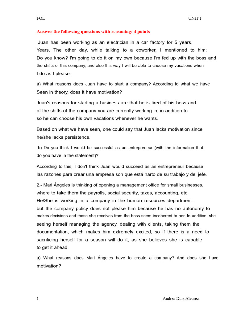 Exercises Unit 1 | PDF | Entrepreneurship | Motivation