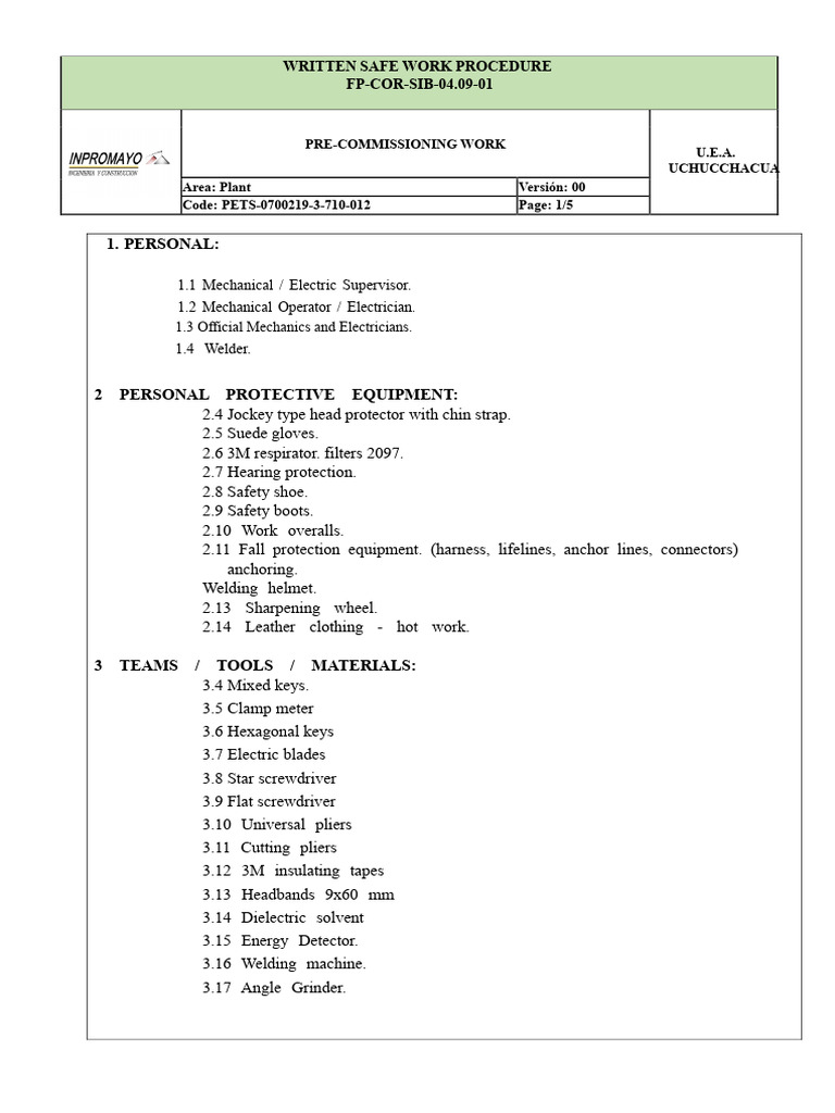 Safe Work Procedure for Pre-Commissioning | PDF | Personal Protective ...