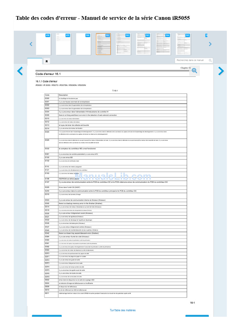 Codes d'erreur Canon iR5055 détaillés | PDF