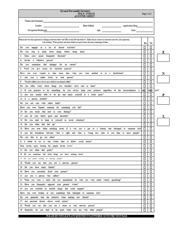 Eysenck Personality Inventory Answer Sheet | PDF | Extraversion And ...