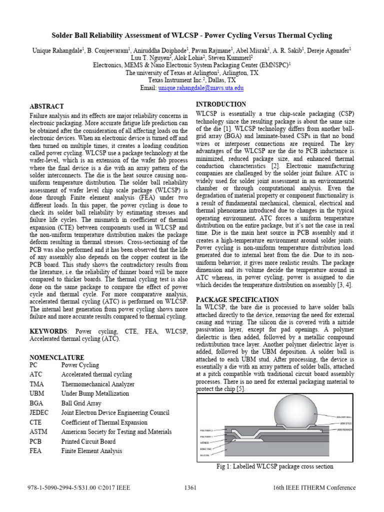 Solder Ball Reliability Assessment of WLCSP Power Cycling Versus ...