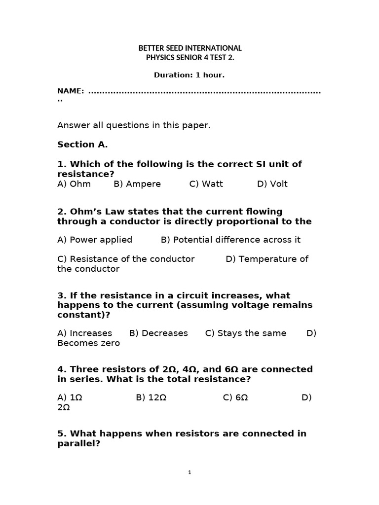Physics Test 2 | PDF | Resistor | Electronics