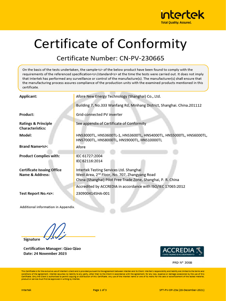 Intertek Certificate for PV Inverters | PDF | Electrical Engineering ...