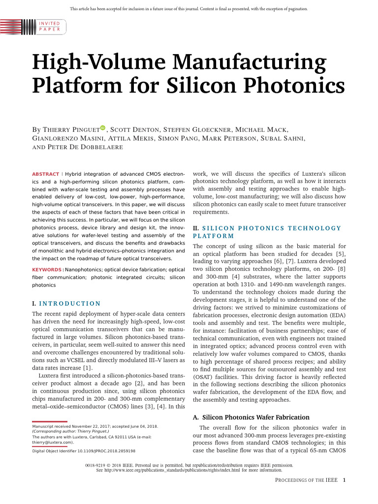 High-Volume Silicon Photonics Manufacturing | PDF | Photonics ...